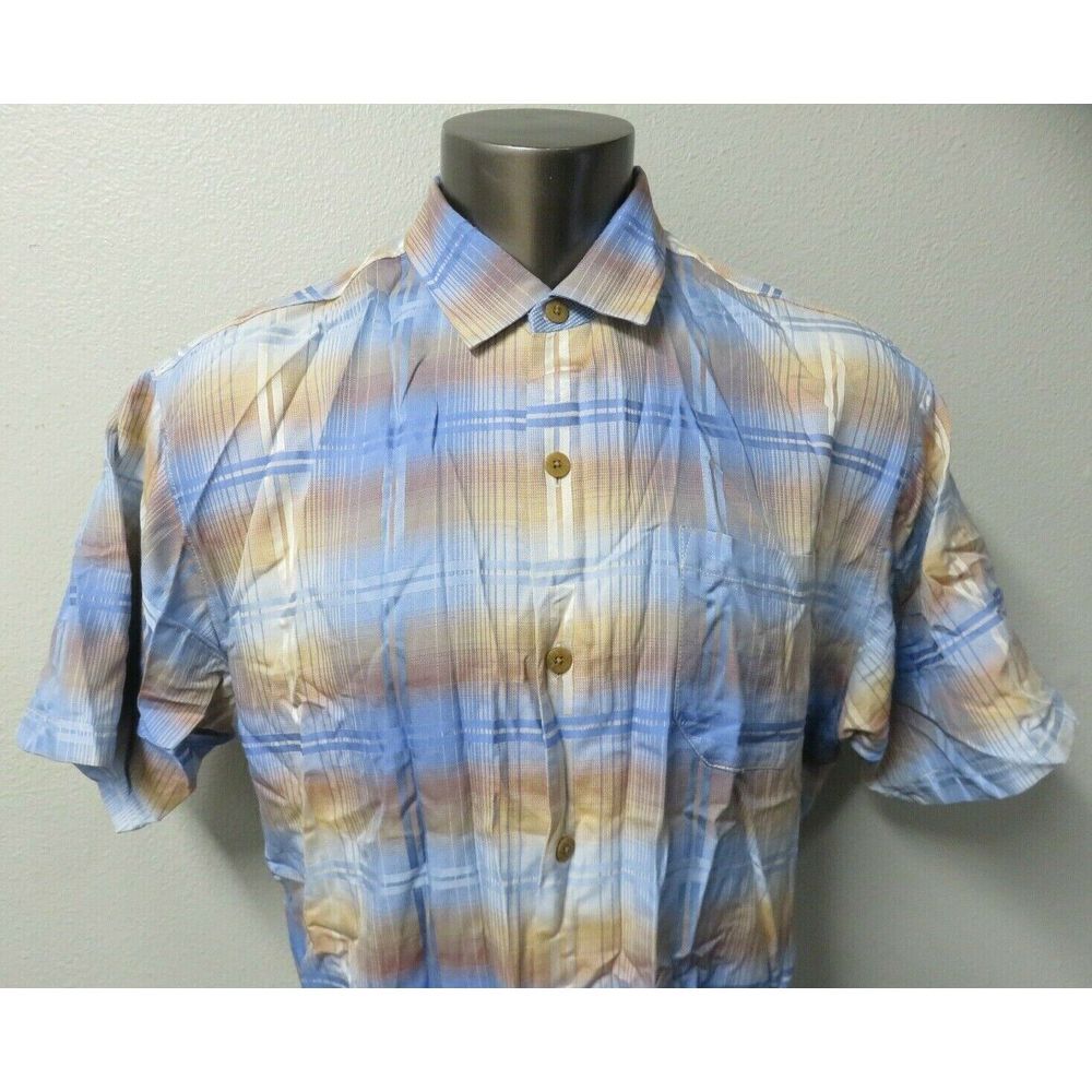 Mens‎ Tommy Bahama Short Sleeve Button Front Silk Shirt Size XL Blue Brown Plaid - Picture 4 of 8